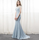 Light Blue Beaded Cap Sleeve Mermaid Prom Dress Evening Gown - FashionByTeresa